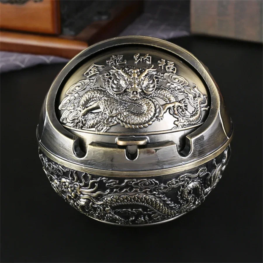 Dragon patterned spherical metal ashtray lid design Living room Office desktops 1