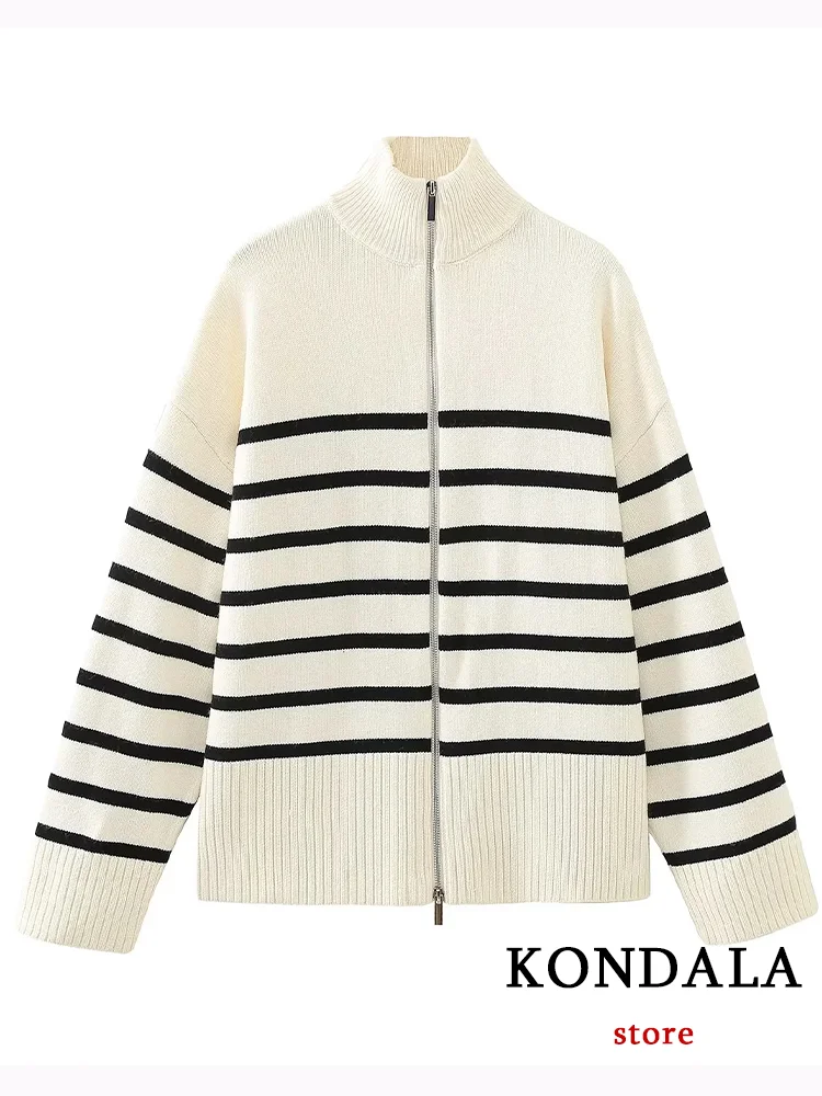 

KONDALA Vintage Chic Women Knitted Jackets Zipper Striped Warm Coats New Fashion 2023 Autumn Winter Female Oversized Outwears