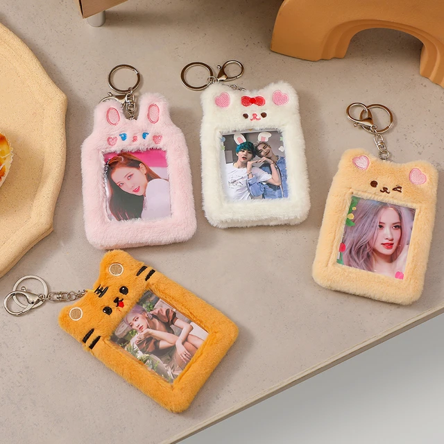 Cute Plush Kpop Photocard Holder with Keychain, Cartoon Bear Rabbit Cat  Photo Sleeve ID Bank Credit Card Holder Protector Stationery 