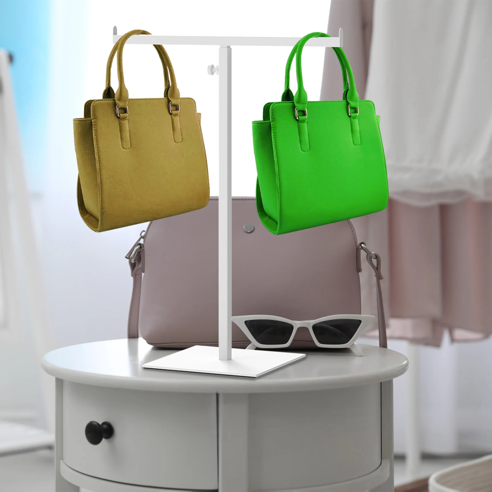 DOLITY Présentoir De Sac En Métal Présentoir De Sac à Main, Double Crochet En Acier Inoxydable, Support Autoportant En Forme De T Pour Magasin De Boutique, Porte-Monnaie Argenté Rond