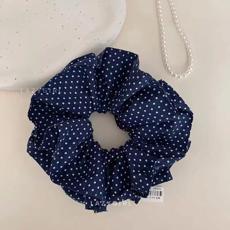 1PC Navy Blue Polka Dot Bow Scrunchie, Cute Large Hair Tie for Women, Sweet Hair Accessory for Daily Wear and Beach Style