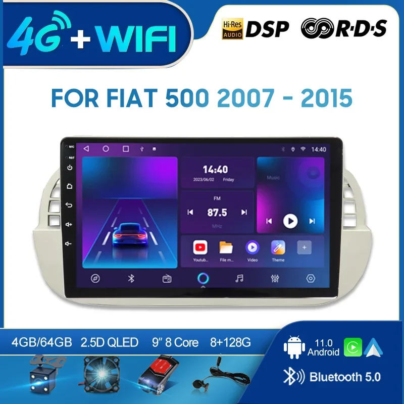 Qszn Per Fiat 500 2007-2015 2Din Android 12.0 Autoradio Lettore Video Multimediale Navigazione Gps Unità Principale Carplay 4G