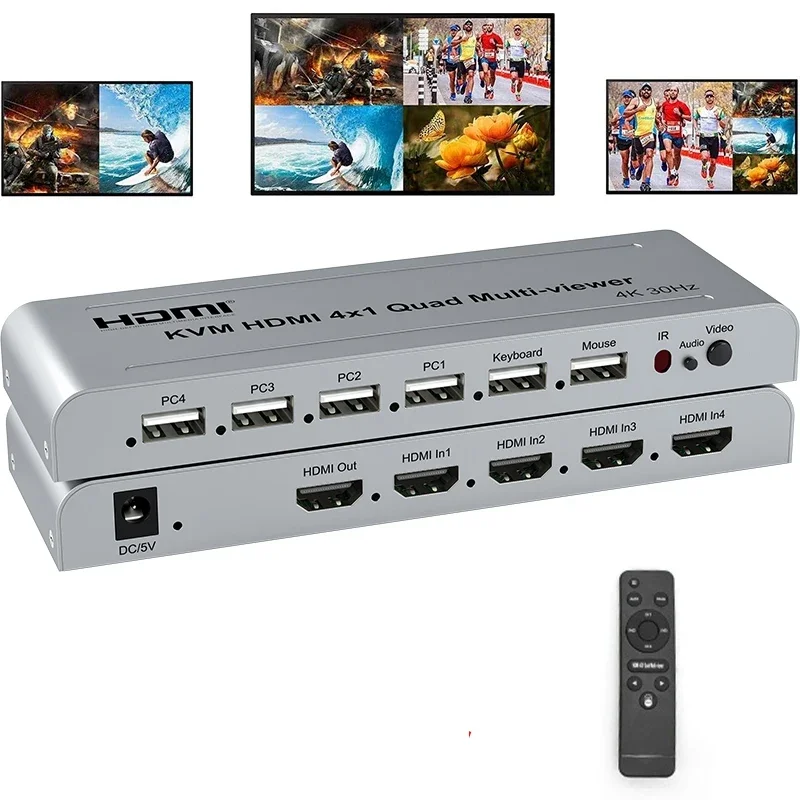 4K 4X1 KVM 쿼드 멀티뷰어 4포트 HDMI 멀티뷰어 원활한 전환 화면 멀티뷰어 USB 키보드 PC 마우스 통과 지원