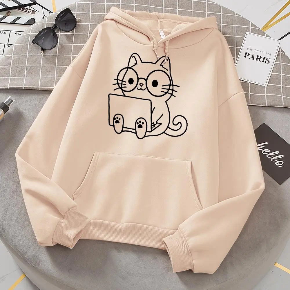 

Cats Also Need To Focus On Their Work Sweatshirt Women Street Oversized Hoodies Hip Hop Casual Fleece Hoodie Soft Loose Clothes