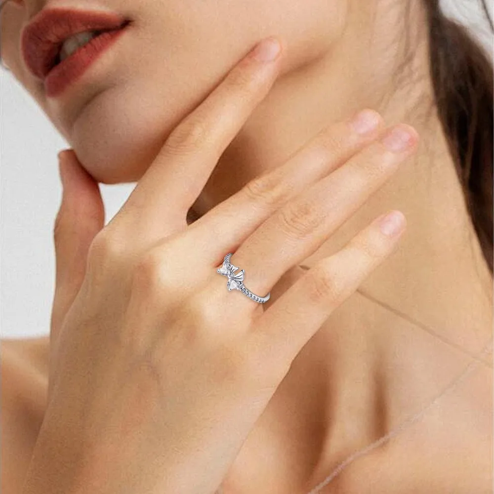 Elegant 925 Silver Zircon Bow Ring – Shimmering Fine Jewelry Gift
