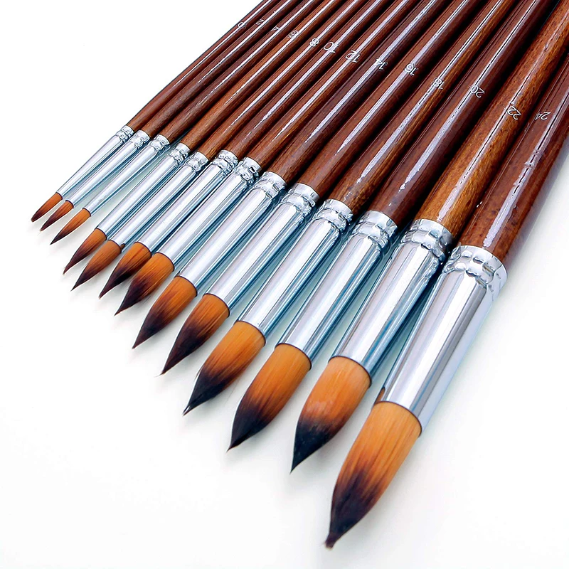 13pcs Professional Watercolor Paint Brushes Set Wood Long Handle Round Pointed Tip Soft Anti-Shedding Nylon Hair Paintbrush 3