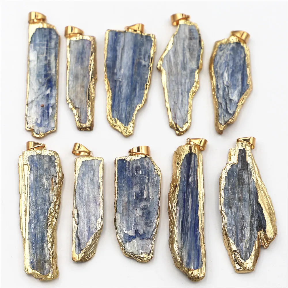 New Natural Stone Blue Kyanite Pendants Jewelry Plating Gold Side Raw Kyanite Nugget For Earrings Necklace DIY Findings G1121