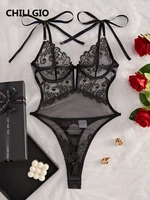 CHILLGIO Women Lace Embroidery Bodysuit Sexy Underwear Overalls Bodycon Erotic One Piece Sleepwear Lace Up Chic Strappy Jumpsuit - Image 3