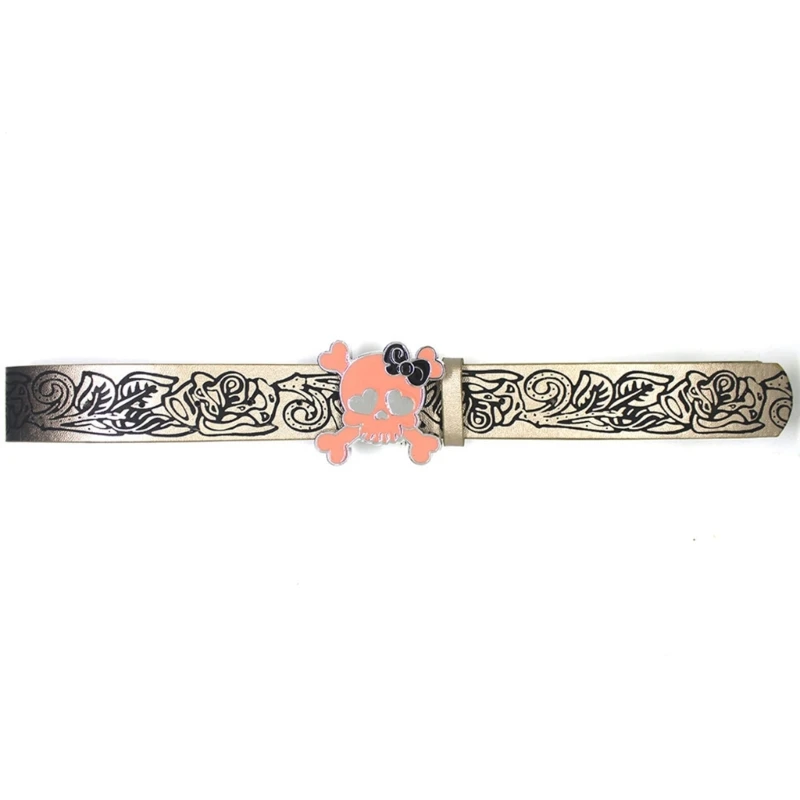 Womens Premium PU Leather Belt with Floral Embossed Finish & Pink Skull Buckle Waist Belt for Jeans Dress