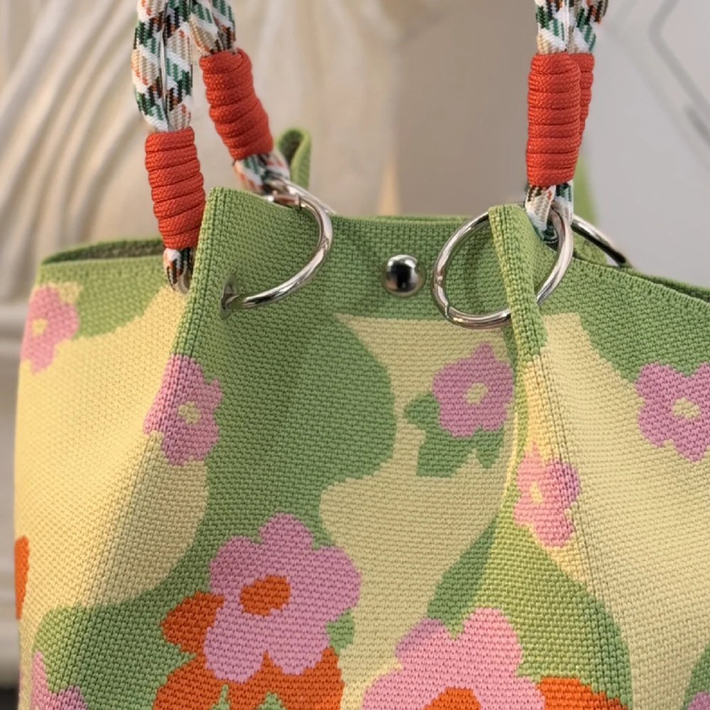 Korean Style Knitted Tote Bag Large Capacity Handbag Portable for Work Commuting Outings Neutral Minimalist Soft Polyester Linin