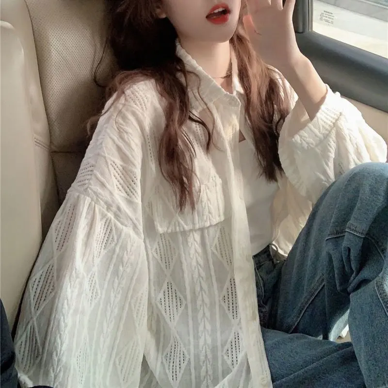 Women's Clothing Korean Basic Shirt Spring Autumn Casual Polo-Neck Commute Single-breasted Fashion Solid Color Hollow Out Blouse