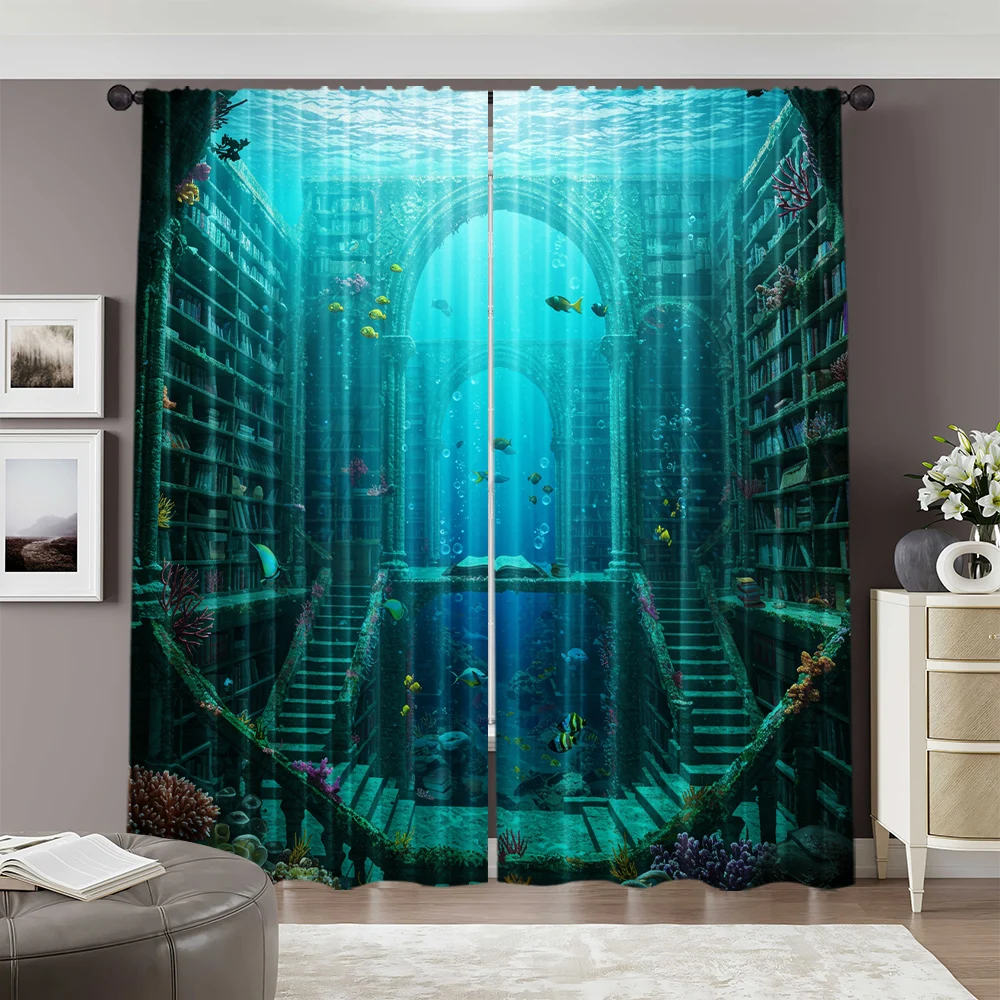 2pcs, spring summer Curtains Underwater library, Gothic architecture, with coral reefs and books Sheer Curtains Durable 100% 2