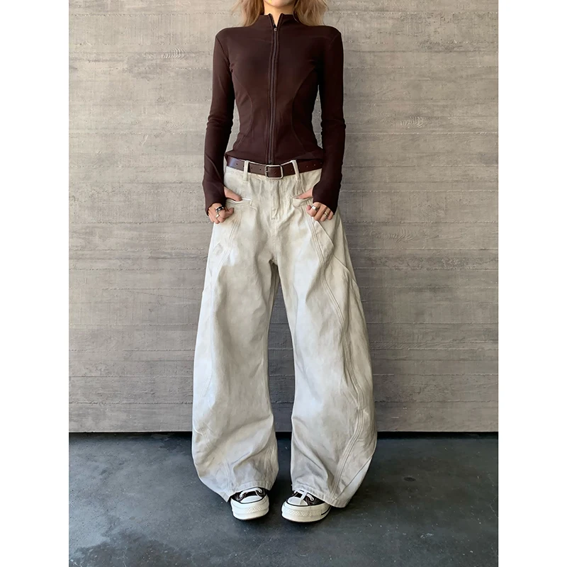 American Retro 2000s High Waist Full Length Jeans Pockets Hip-hop Baggy Cargo Pants Women Casual Y2K Grunge Street Denim Trouser 2