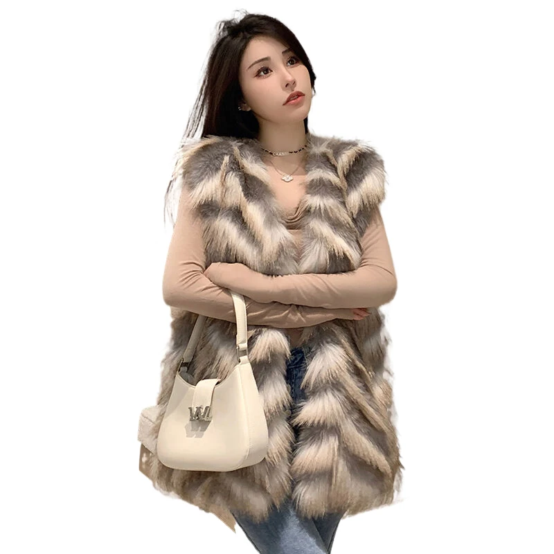 2024 Winter Fall New Arrivals Women Faux Fur Coat Sleeveless Contrast Color Korean Fashion Girls Faux Fur Vest
