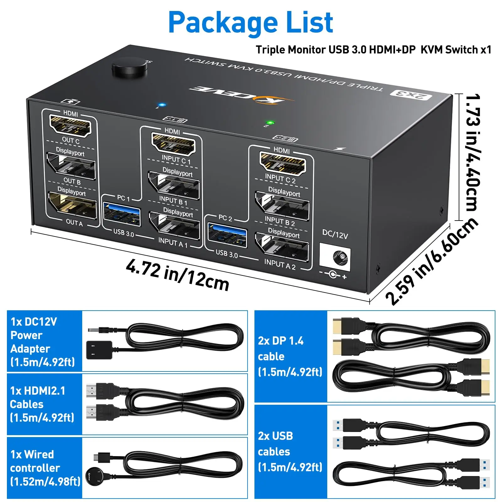 KVM 스위치 트리플 모니터, USB3.0 KVM 스위치 3 모니터, 2 컴퓨터, 8K @ 30Hz, HDMI + 2 디스플레이 포트, 2 컴퓨터 공유 3 모니터