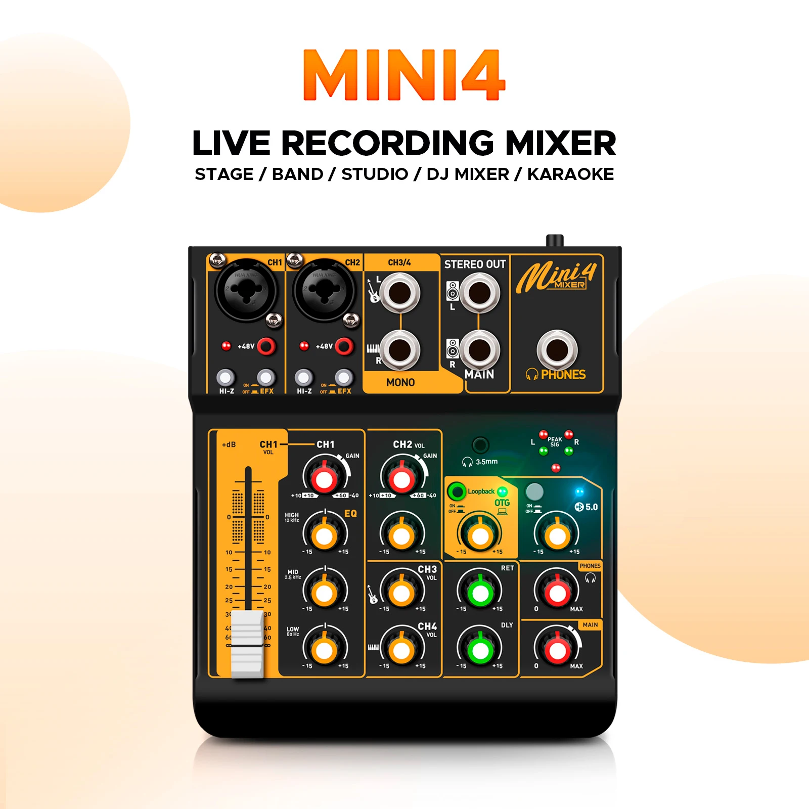 

DJ Console Audio Mixer Interface Mini4 With Bluetooth OTG 48V Power Delay Repaeat Effect For Sound Mixing Console PC Recording