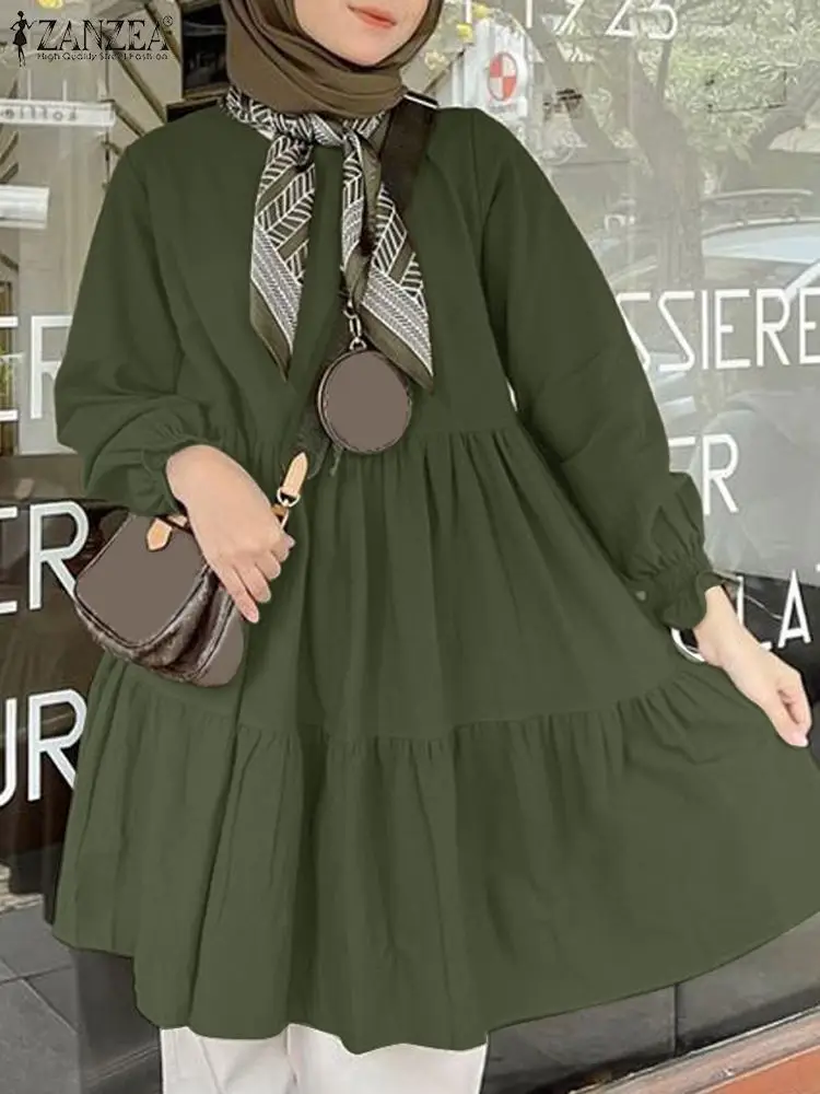 

Spring Blouses ZANZEA Women Long Sleeve O Neck Muslim Tops Fashion Ruffles Hem Shirt Mujer Casual Loose Abaya Islamic Clothing