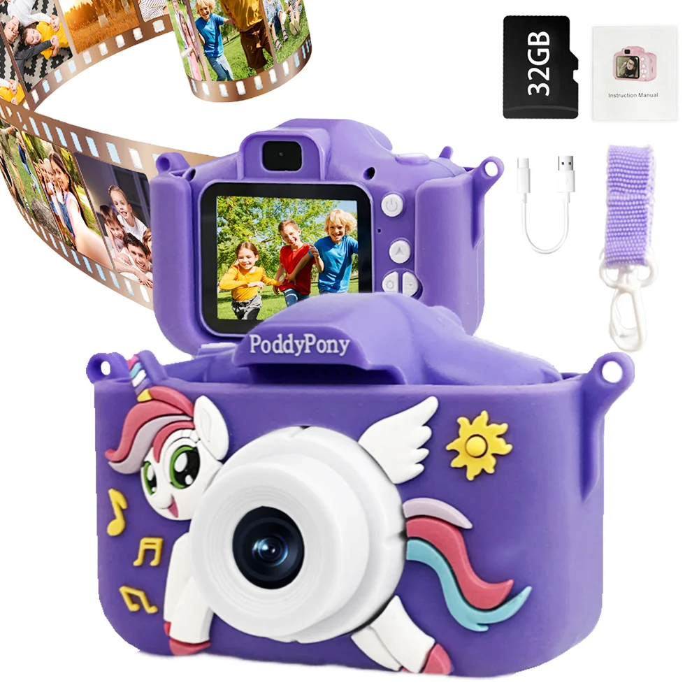 어린이용 다기능 디지털 카메라 완구, 1080P 2 인치 스크린, 32GB SD 카드 생일 선물