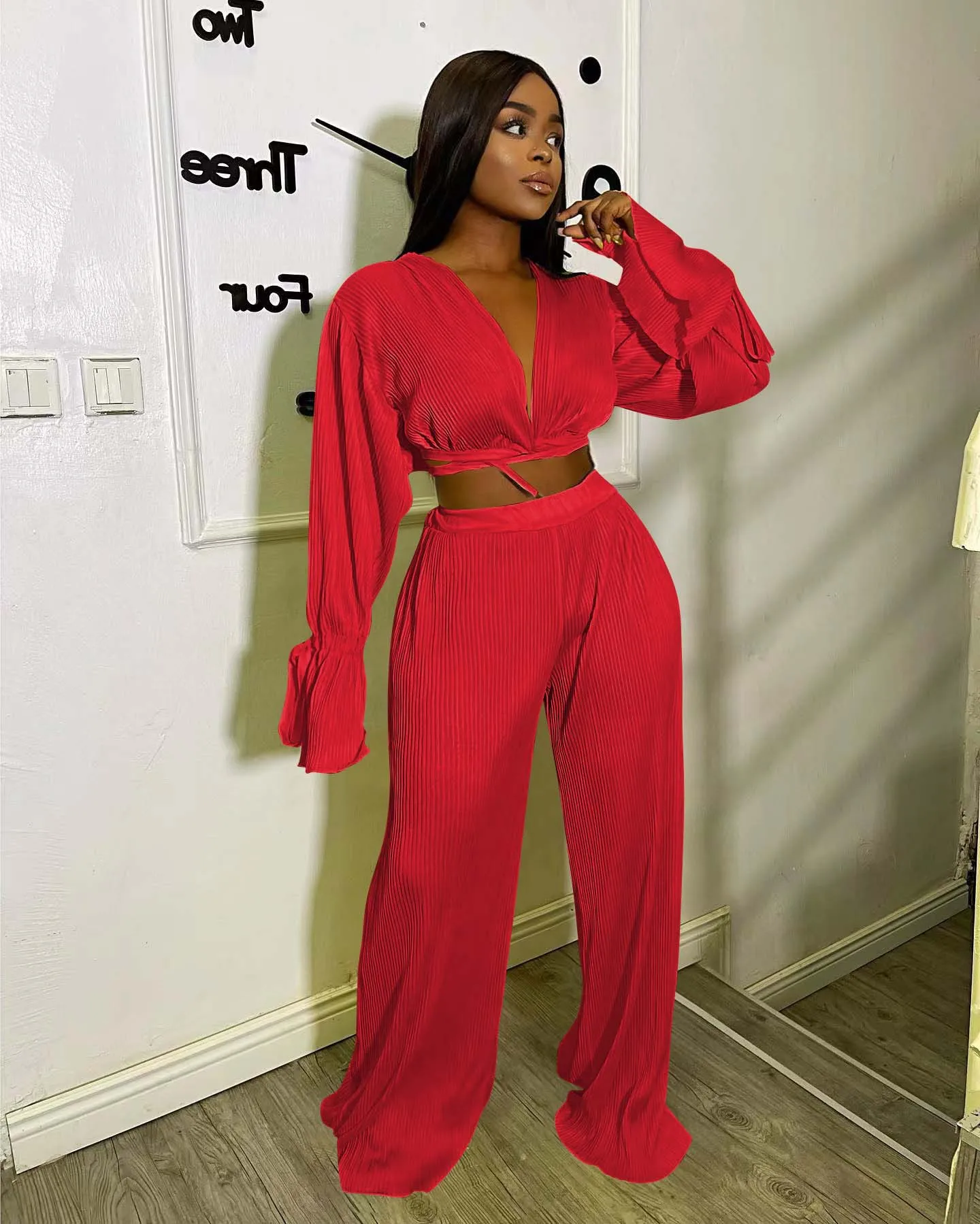 Women Fall Wide Leg Pants & Crop Top Shirt Two Piece Set Ladies Solid Color Jogging 2 Piece Outfits