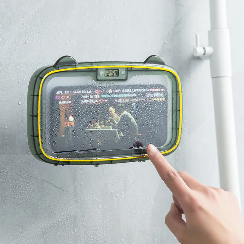 

No Punching Toilet Mobile Phone Holder Waterproof Touchable Case Wall Mounted Bath Bathroom Phone Shelves Kitchen Storage Box