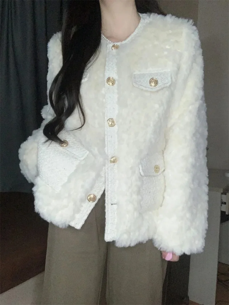 Autumn Winter Lamb Wool Coat Women's New Small Fragrance Round Neck Environmental Protection Fur Rabbit Fur Down Korean Version