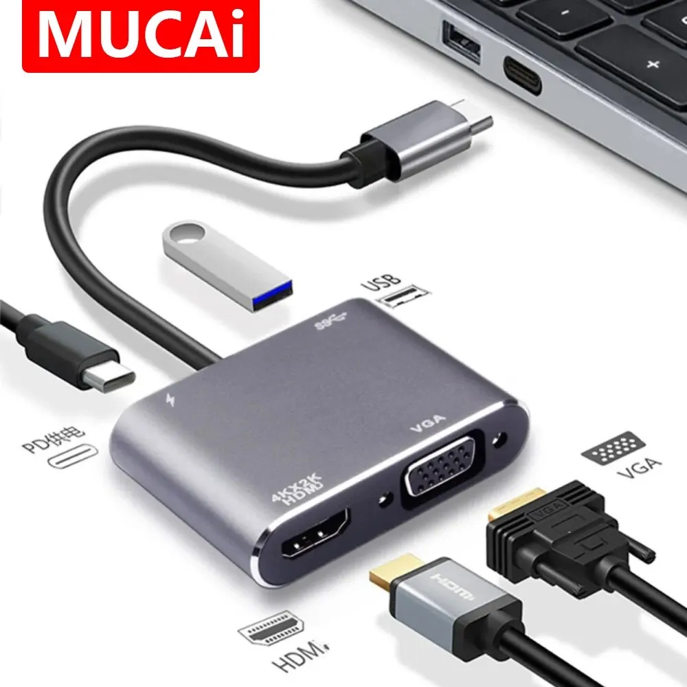 محول USB C HUB 4 في 1 مع USB 3.0 HDMI VGA لأجهزة ا...