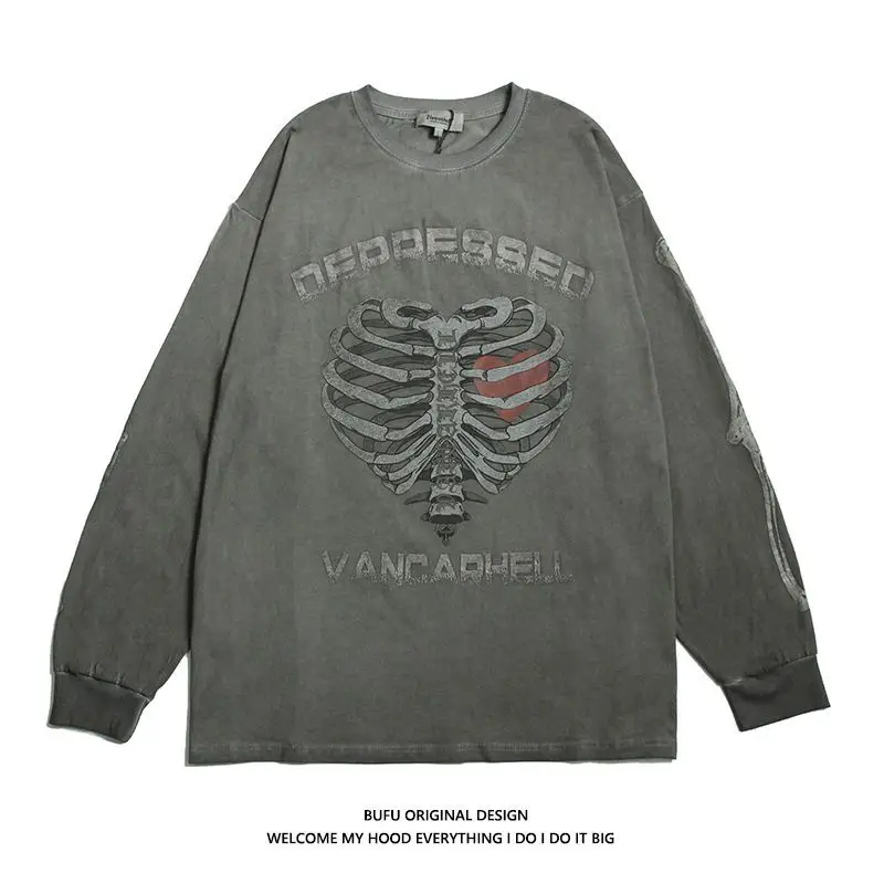 Oversize Pullover T-Shirt Hip Hop Streetwear Sternum Heart Print T Shirt Harajuku Cotton Loose Tshirt Long Sleeve Tops