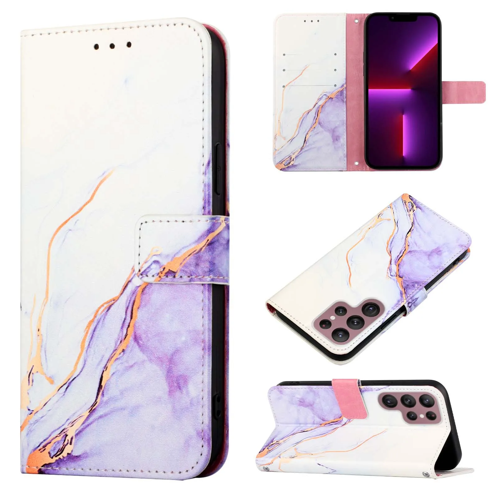 Luxury Marble Leather Crossbody Book Case with 3 Card Holder & Wrist Rope Wallet Cover