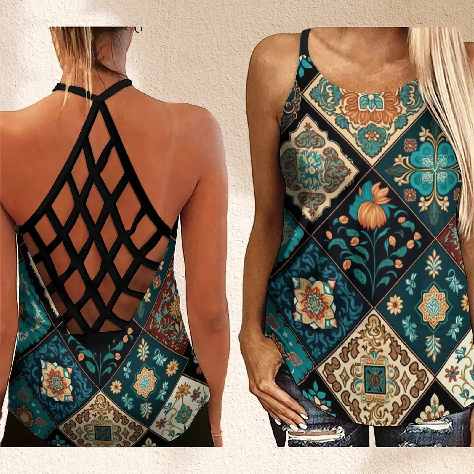 

Summer Women's Hollow Out Sleeveless Cross Cross Tank Top Fashion Hand Drawn Persian Rug Pattern Print Y2k Yop