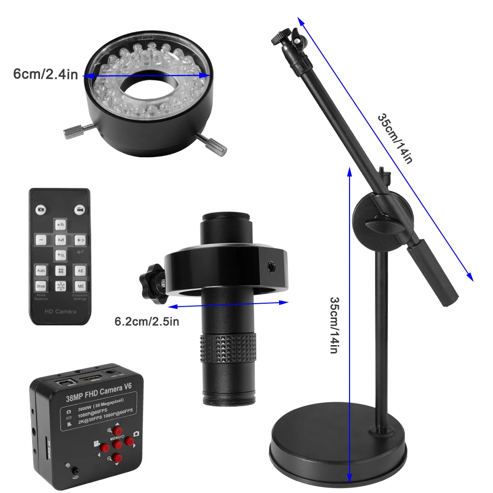 38Mp 2K 1080P Hdmi Usb Video Microscope Camera 130X Zoom C Mount Lens Con Supporto Da Tavolo Treppiedi Per L'Acquisizione Di Immagini Digitali