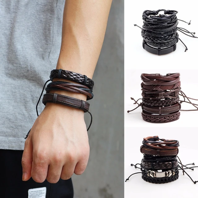 Braided Leather Bracelet Punk Cuff Wrap Bracelets for Men Women Adjustable  Brown Leather Wristbands 6 PCS
