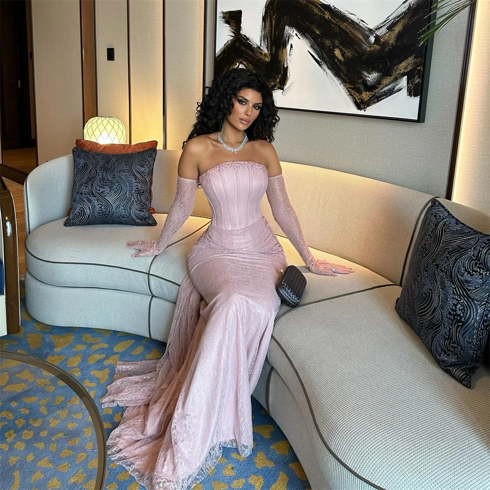 بيلا مخصصة الوردي قبالة الكتف حورية البحر الجلباب دي سهرة الدانتيل مثير كم طويل فساتين الحفلات الطابق طول فستان الحفلة الراقصة 2025