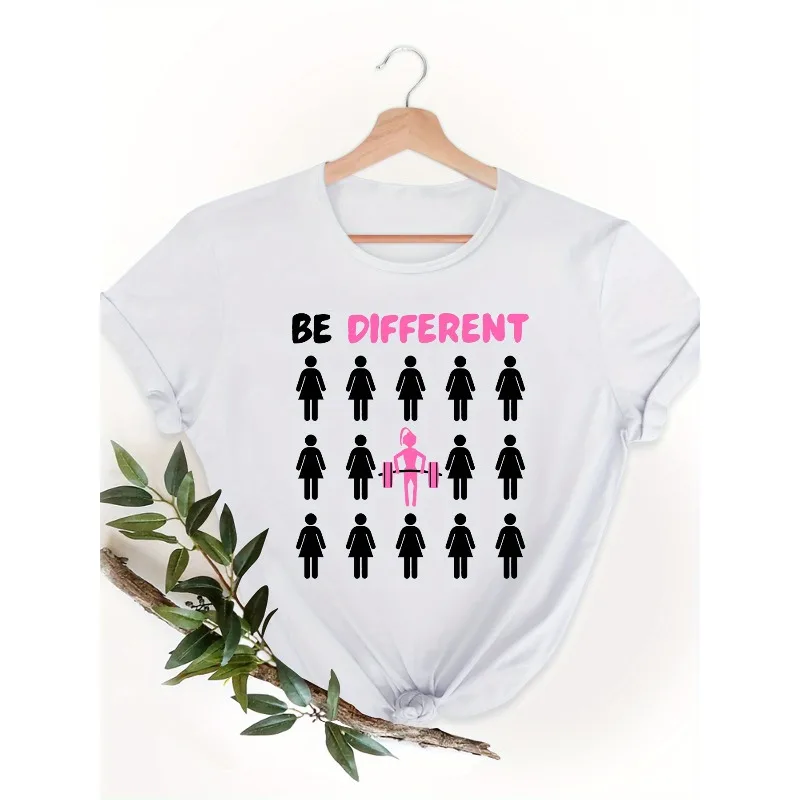 Damen BE VERSCHIEDENES Grafik-T-Shirt mit kräftigem rosa Text und weiblichem Gewichtheben-Symbol, weiches Alltags-Casual-Fitness-Oberteil mit Rundhalsausschnitt