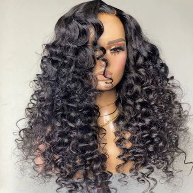 

Long Preplucked Soft Glueless 26Inches 180% Density Black Deep Wave Curly Lace Front Wig For Black Women With BabyHair Daily