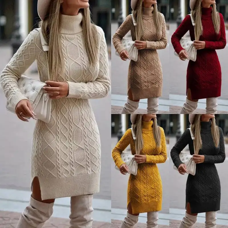 

2023 Fall Women's New Knitted Dress Casual High Neck Slim and Knee Warm Sweater Women's Dresses
