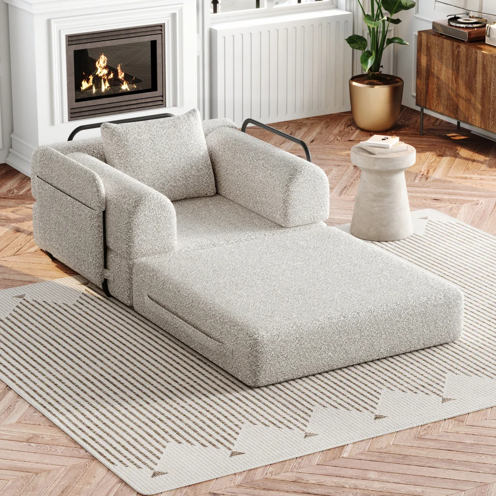 2-in-1 Chenille-Schlafsofa | mit Aufbewahrungsfach für Armlehnen, drei Metallrahmen und mehreren Konfigurationsoptionen, Wohnmöbel – Detail 10