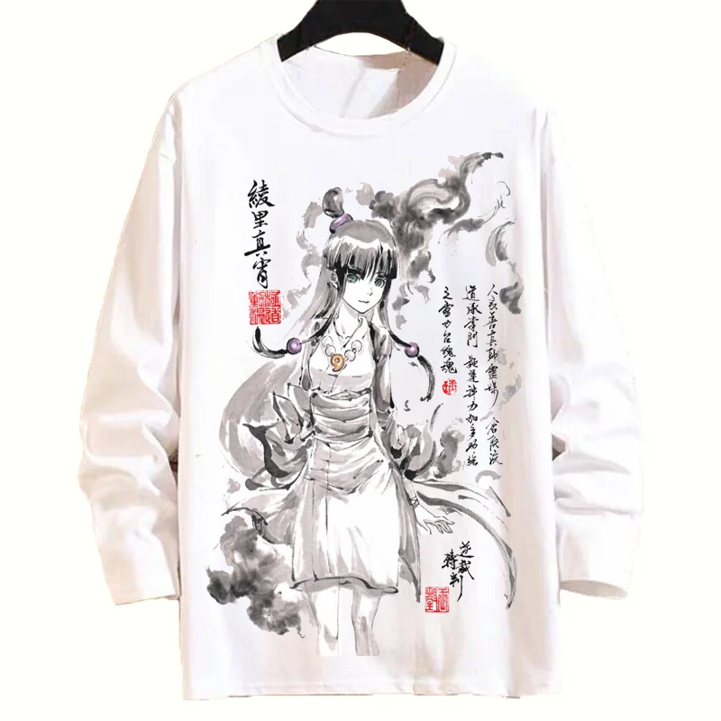 

Men women Spring Autumn Anime Ace Attorney white Long Sleeve T Shirt Ink wash painting T-shirt Casual Tops