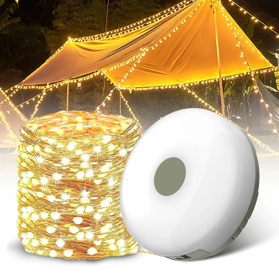 Yizhet Catena Luminosa da Campeggio 2 in 1, 10M Stringa di Luci da Campeggio Avvolgibile con 8 Modalità, Luce Calda e Colorata, Ricaricabile USB C e Impermeabile IPX4 per Giardino Esterno