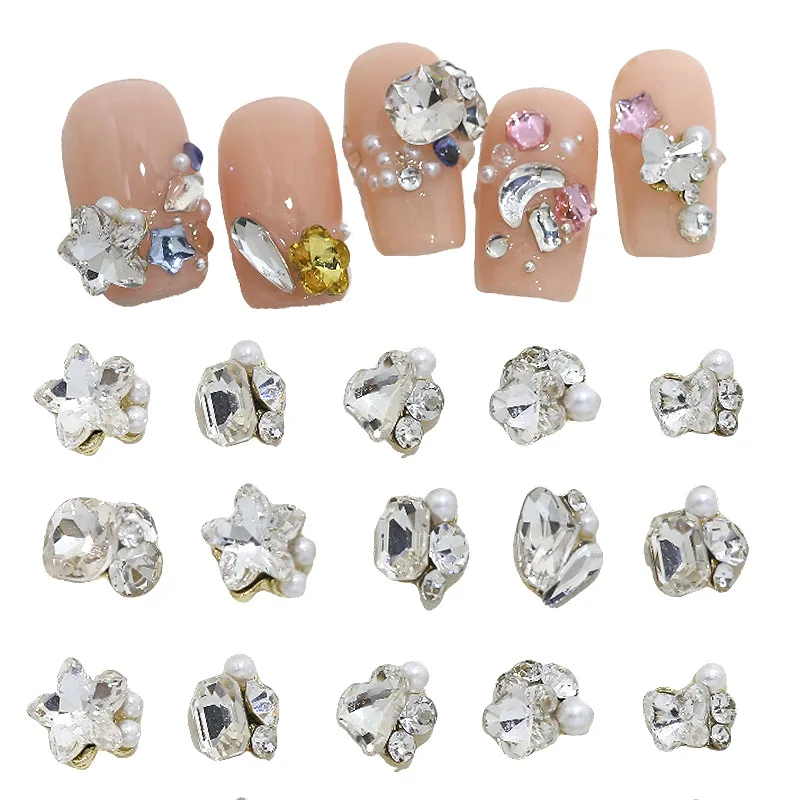 럭셔리 스택드 네일 아트 액세서리 미니 하트 모양 도끼 모양 디자인 네일 참 진주 라인스톤 3D 네일 장