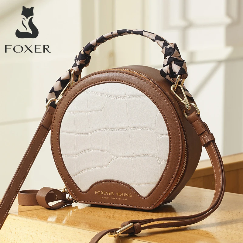 Foxer Women’s Brown Vintage Shoulder Round Bag Split Leather