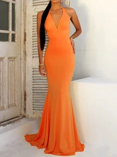 

Spring Orange Women Cocktail Prom Neck-mounted Sexy V Neck Open Back Bandage Sleeveless Mermaid Evening Party Dress