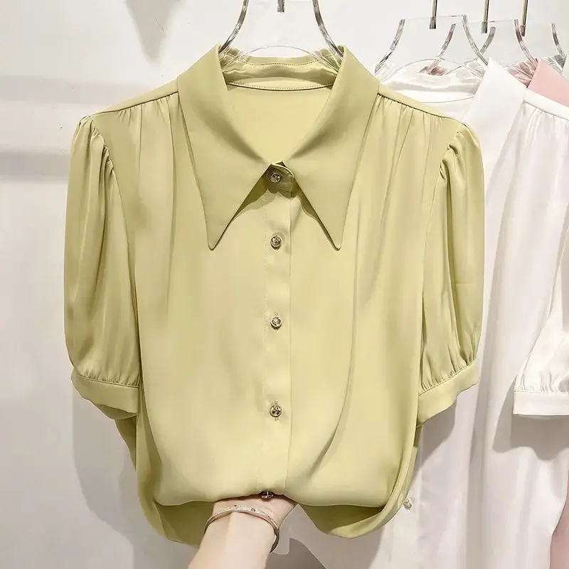 Korean Simplicity Solid Turn-down Collar Shirt Women's Clothing Summer Single-breasted Casual Short Sleeve Blouse for Female