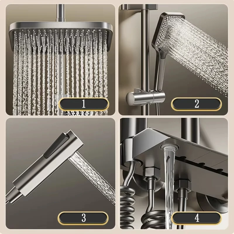 Juego de sistema de ducha con teclas de Piano, juego de ducha de baño, gris, negro, bañera, grifo de ducha caliente y fría, LED, 2