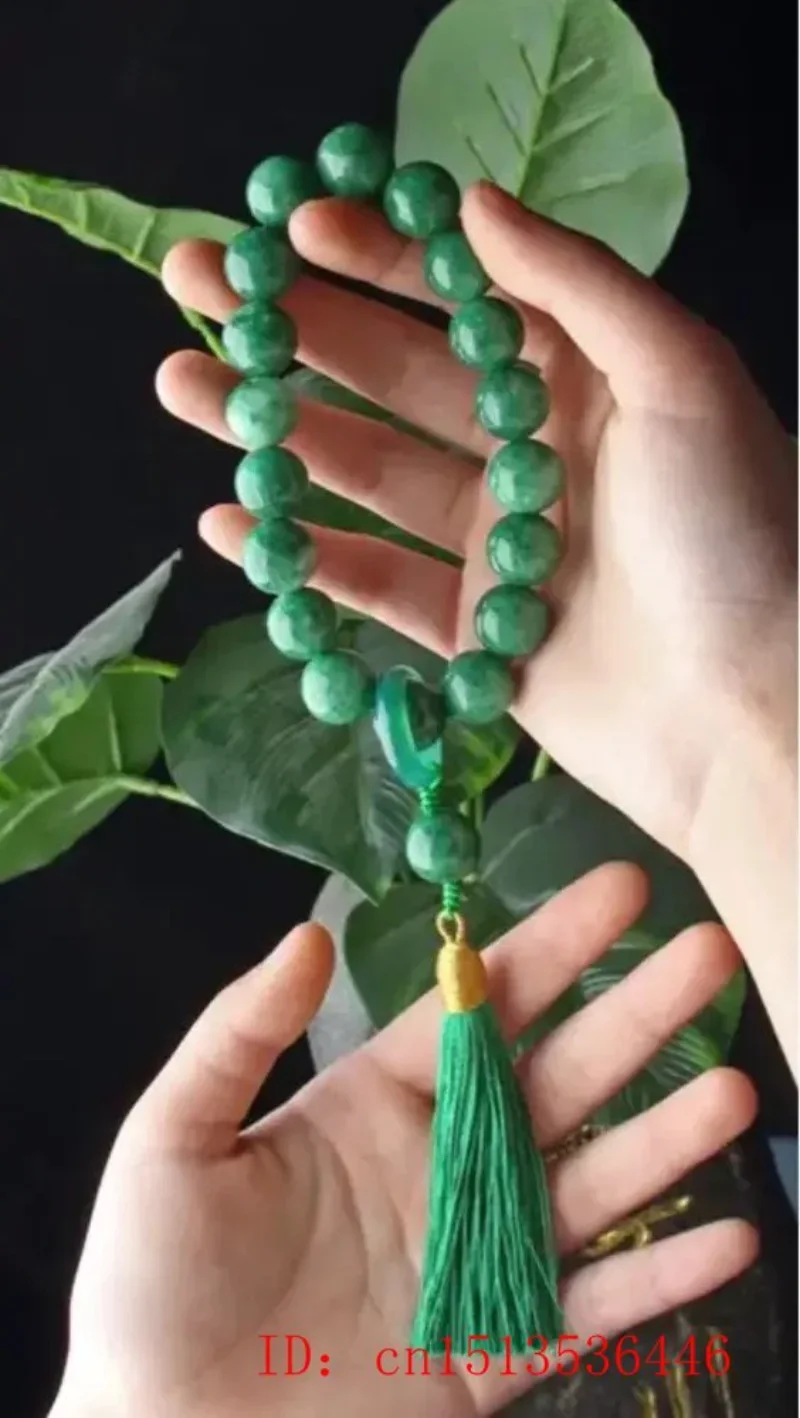 Green Jade Stone 12mm Beads Tassel Bracelet Necklace Tibetan