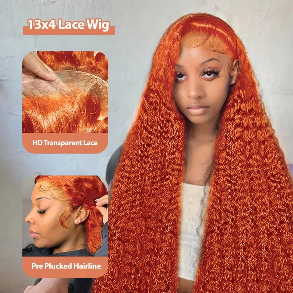 Orange colored Water wave 13x6 hd lace frontal human hair wig Preplucked deep wave 30 inch ginger lace front curly wigs on sale 2