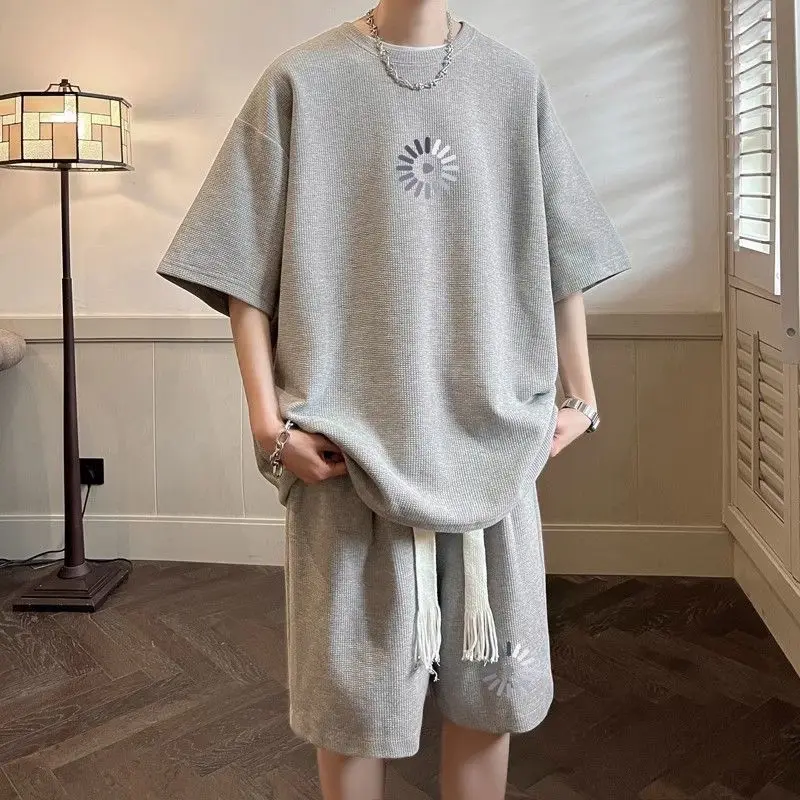 Men's Summer New Crew Neck Screw Thread Printed Short Sleeve Casual Elastic Pockets Drawstring Fashion Sweatshirts Shorts Set