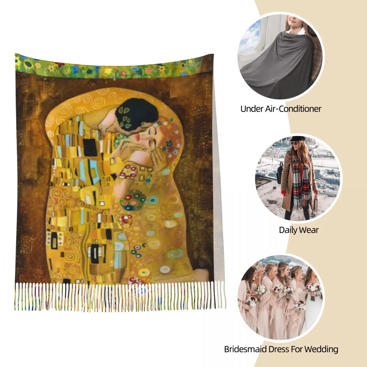 Womens Scarf with Tassel Gustav Klimt The Kiss Large Soft Warm Shawl and Wrap Abstract Freyas Art Daily Wear Pashmina Scarves 4
