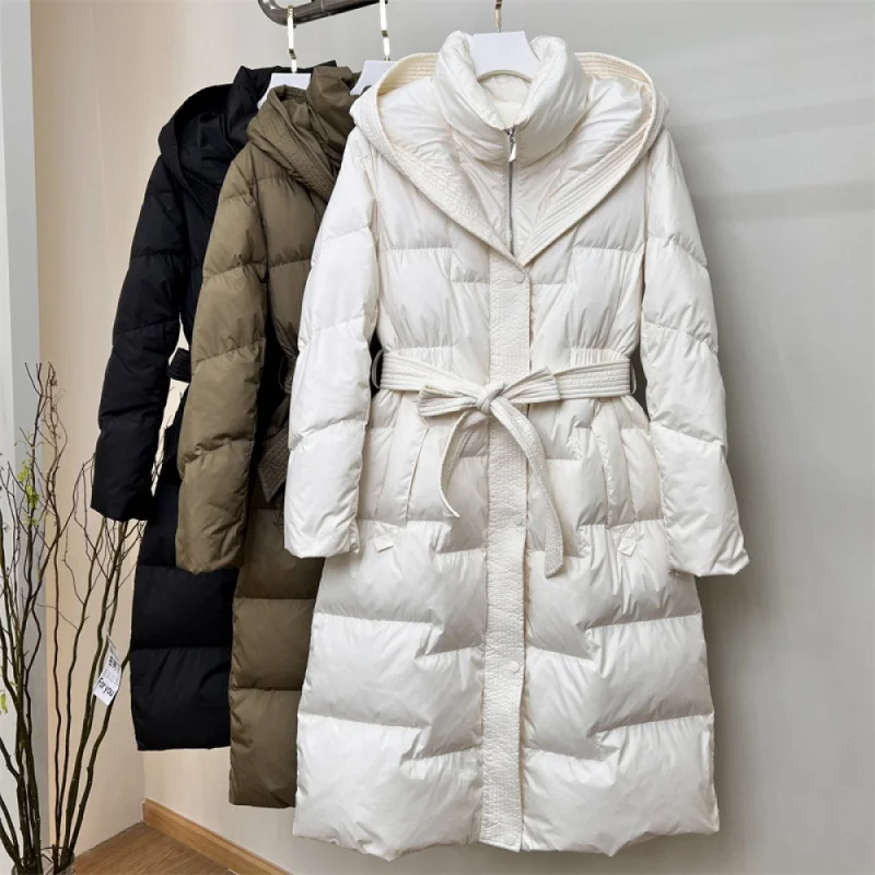 

Warm winterfashionabletrendyEuropean Goods Hooded Long down Jacket Women over the Knee Thickening Slim Fit Slimming Waist Belt W