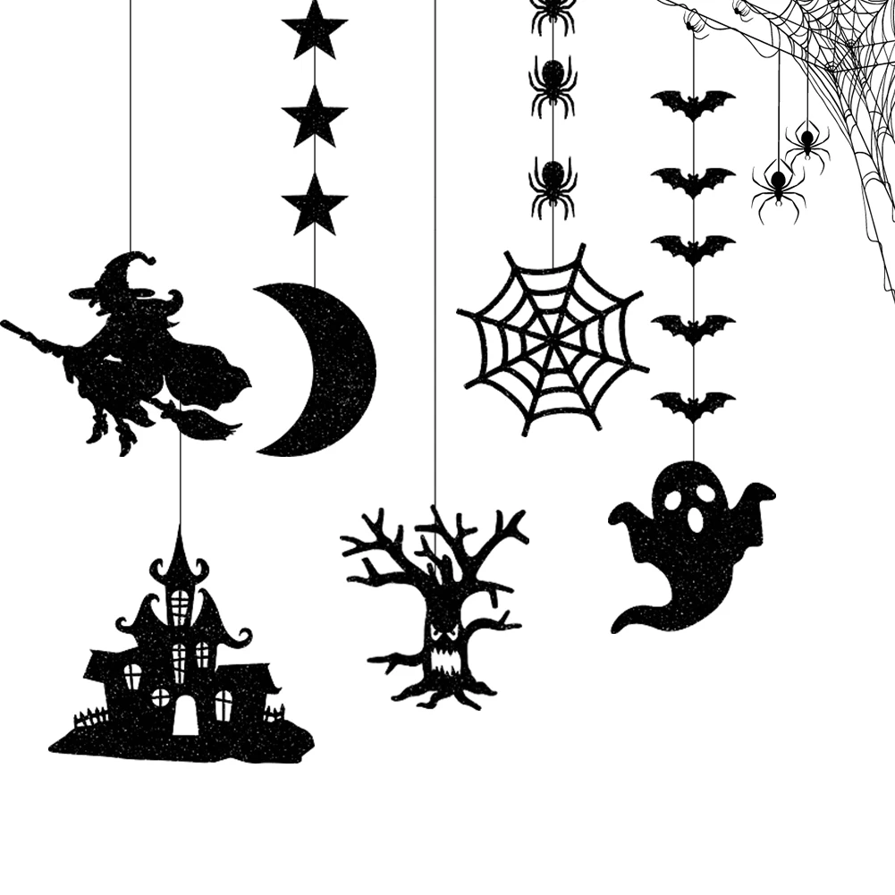 6Pcs Halloween Black Hanging Wizard Ghost Spider Ornament PVC Hanging Spider Star Moon Backdrop Decor for Haunted House Decor