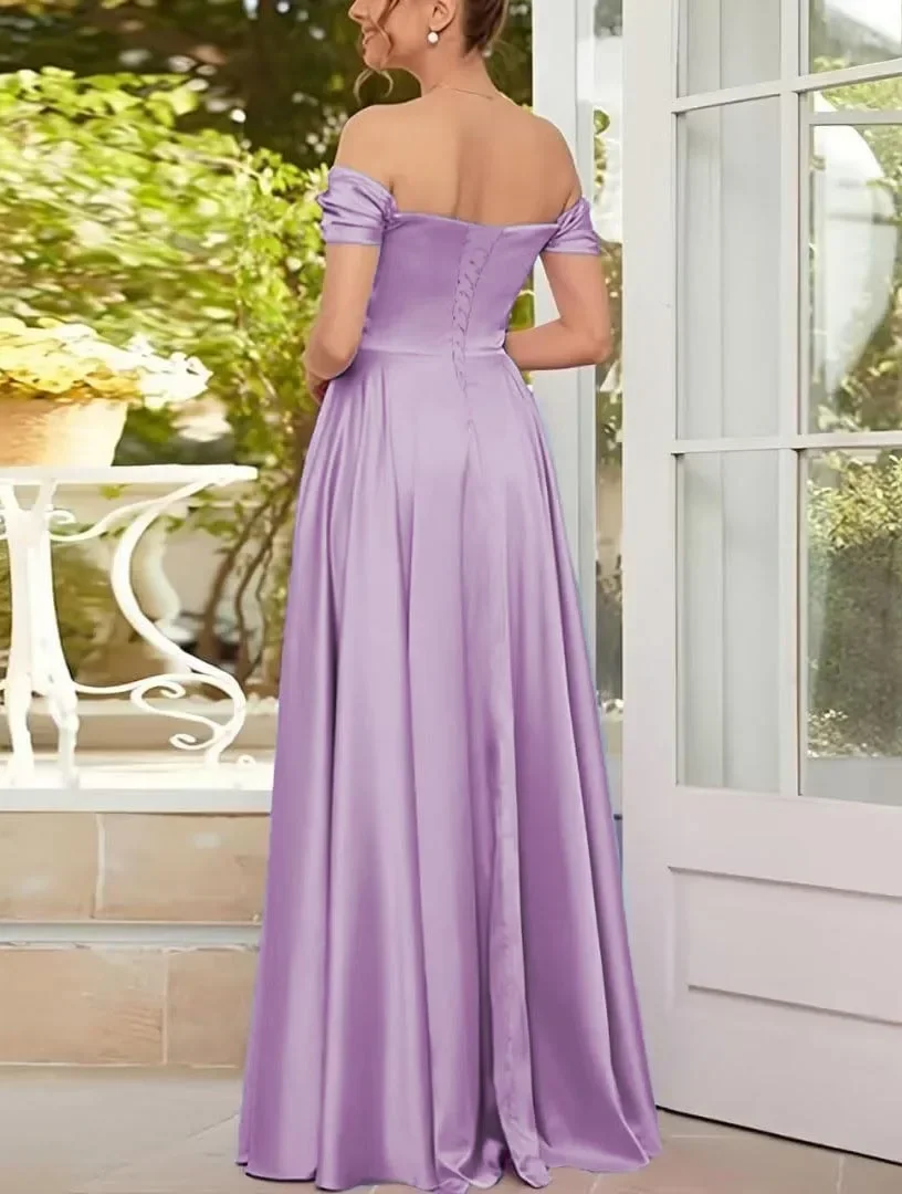Women's Off The Shoulder Bridesmaid Dresses for Wedding Slit Long Pleated Satin Prom Dress A-Line Evening Gowns